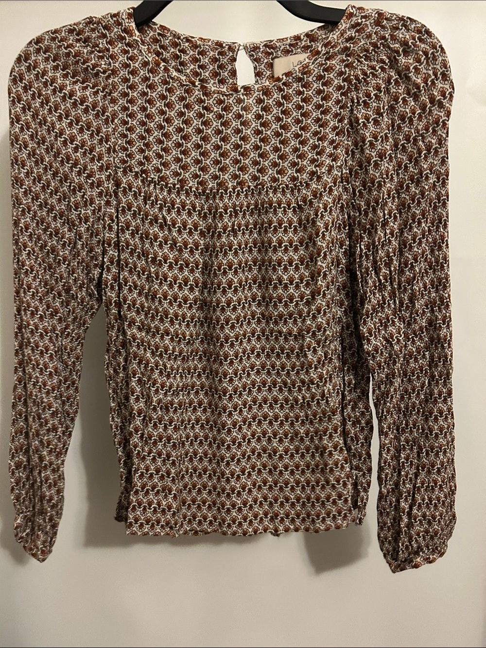 LOFT Brown and White Printed Long-Sleeve Blouse